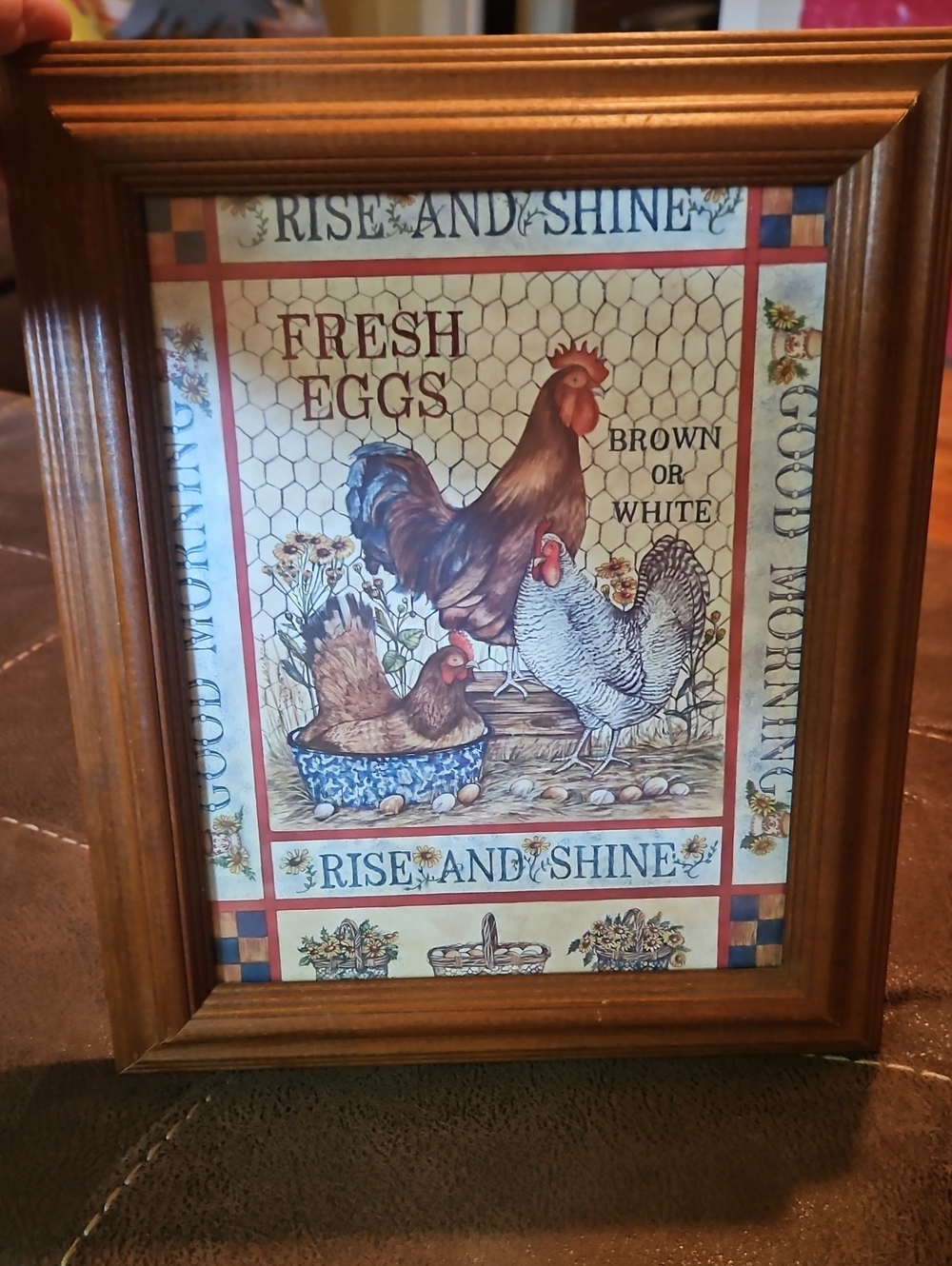 Farmhouse 'Fresh Eggs' Rooster & Hen Framed Art - Brown Frame